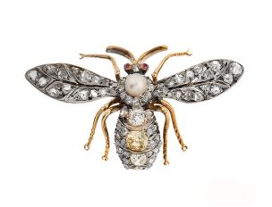 Brosche Biene 18kt Gelbgold Weißgold Diamanten 1,65ct Rubine Akoya Zuchtperle Vintage Handarbeit 