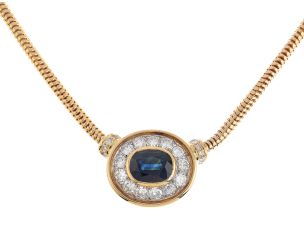 Halskette Anhänger oval 18kt Gelbgold 18kt Weißgold Diamanten 1,04ct Saphir 380mm 19,3g 