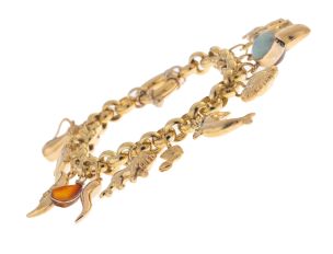 Armband Bettelarmband Anhänger 18kt Gelbgold 38,6g farbige Cabochons 200mm