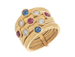 Ring Design 18kt Gelbgold 13,9g Diamanten 0,40ct Saphir Rubin Handarbeit