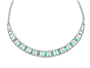 Collier 14kt Weißgold 43,4g Diamanten 3,30ct Smaragde 3,20ct 380mm