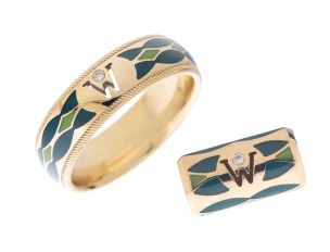 Wellendorff Schmuckset Ring Anhänger 18kt Gelbgold 15,7g Emaile Diamanten 0,04ct mit Zertifikat