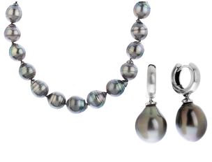 Schmuckset Halskette Ohrringe 14kt Weißgold Tahiti Zuchtperlen 121,9g 440mm