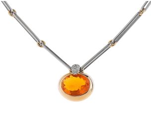 Halskette Collier Anhänger 18kt Gelbgold 18kt Weißgold 25,8g Diamanten 0,25ct Feueropal 5,40ct 400mm Handarbeit mit Box