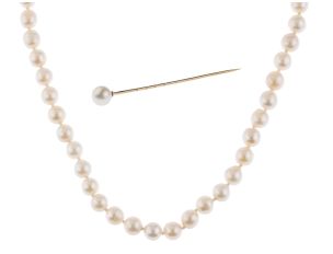 Halskette Anstecknadel Akoya Zuchtperlen 14kt Gelbgold 23,5g 6,5mm 450mm 