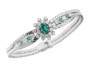 Armband 18kt Weißgold 37,5g Diamanten 1,92ct Smaragde 1,2ct 180mm
