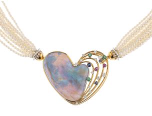 Halskette Herz 18kt Gelbgold 54,6g Südseezuchtperlen Opal Diamanten 0,60ct Smaragde 0,25ct Saphire 0,15ct 460mm 