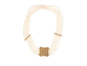 Collier Akoya Zuchtperlen 4,0-4,5mm 18kt Gelbgold 69,4g Diamanten 0,40ct Rubine 0,90ct 390mm 