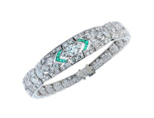 Armband Art Deco 950 Platin 24,0g Diamanten 7,50ct Smaragd 0,20ct Vintage 1920 Handarbeit
