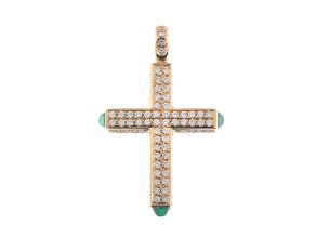 Anhänger Kreuz 18kt Gelbgold 5,4g Diamanten 1,55ct Smaragde