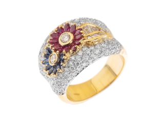 Ring Band 18kt Gelbgold 18kt Weißgold Diamanten 1,76ct Rubin Saphir 0,72ct 16,6g inkl. Wertgutachten