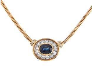 Halskette Anhänger oval 18kt Gelbgold 18kt Weißgold Diamanten 1,04ct Saphir 380mm 19,3g 