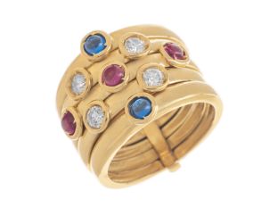 Ring Design 18kt Gelbgold 13,9g Diamanten 0,40ct Saphir Rubin Handarbeit