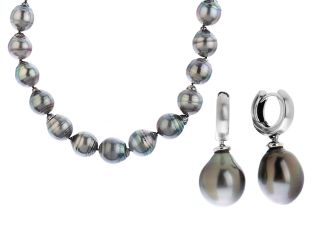 Schmuckset Halskette Ohrringe 14kt Weißgold Tahiti Zuchtperlen 121,9g 440mm