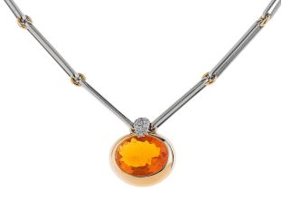 Halskette Collier Anhänger 18kt Gelbgold 18kt Weißgold 25,8g Diamanten 0,25ct Feueropal 5,40ct 400mm Handarbeit mit Box