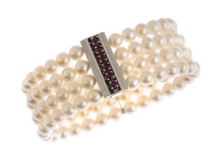 Armband Akojaperlen 6,0mm 14kt Weißgold 49,0g Rubine Handarbeit