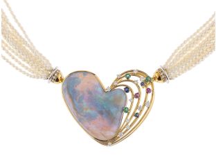 Halskette Herz 18kt Gelbgold 54,6g Südseezuchtperlen Opal Diamanten 0,60ct Smaragde 0,25ct Saphire 0,15ct 460mm 