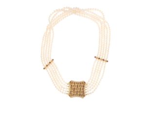 Collier Akoya Zuchtperlen 4,0-4,5mm 18kt Gelbgold 69,4g Diamanten 0,40ct Rubine 0,90ct 390mm 