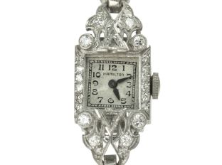 Damenuhr Hamilton 950 Platin Diamond 2,2ct Handaufzug Bj. um 1930 