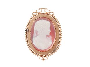 Brosche 14kt Rosegold mit Carneol & Gemme Handgeschnitzt