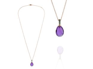 Halskette Anhänger Tropfen 18kt Roségold 3,2g Amethyst 8,80ct Tsavorit 0,08ct 450mm