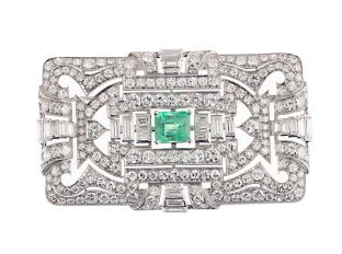 Brosche Art Deco 950 Platin Diamanten 10,0ct Smaragd 3,5ct 27,5g mit Box
